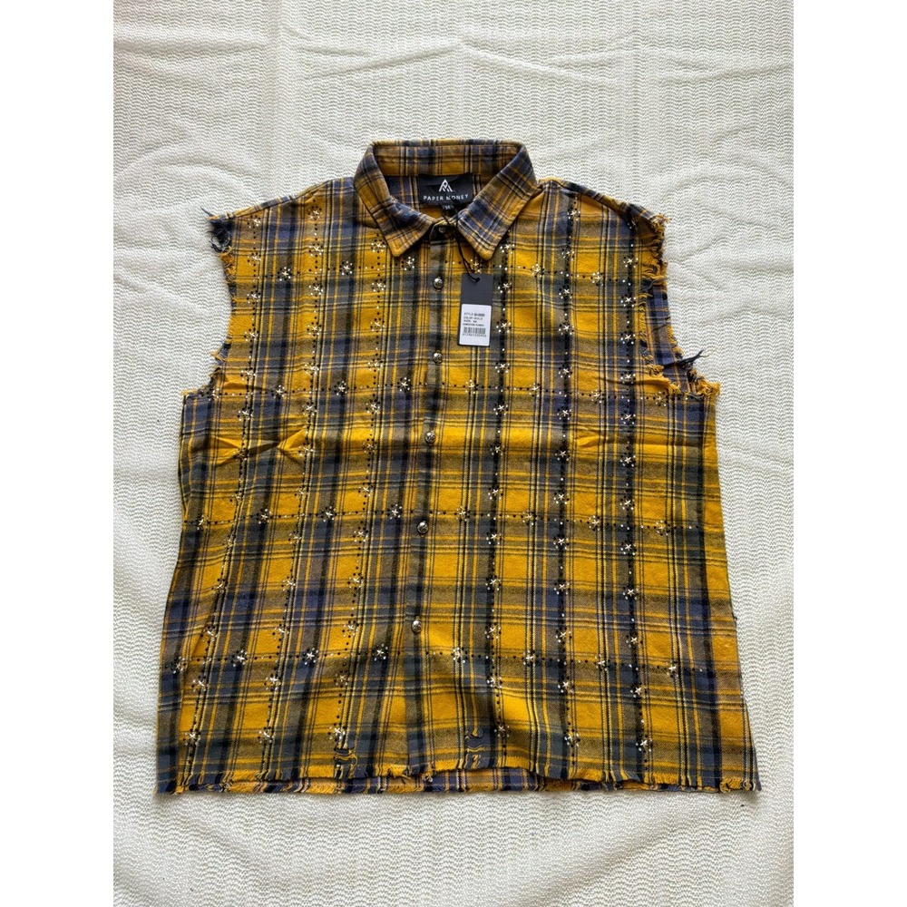 Paper Money Rhinestone Flannel Shirt Mens M Gold Plaid Sleeveless Studded NWT